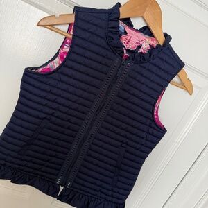 EUC Lilly Pulitzer Girls XL Navy and Floral Puffer Vest size 12-14